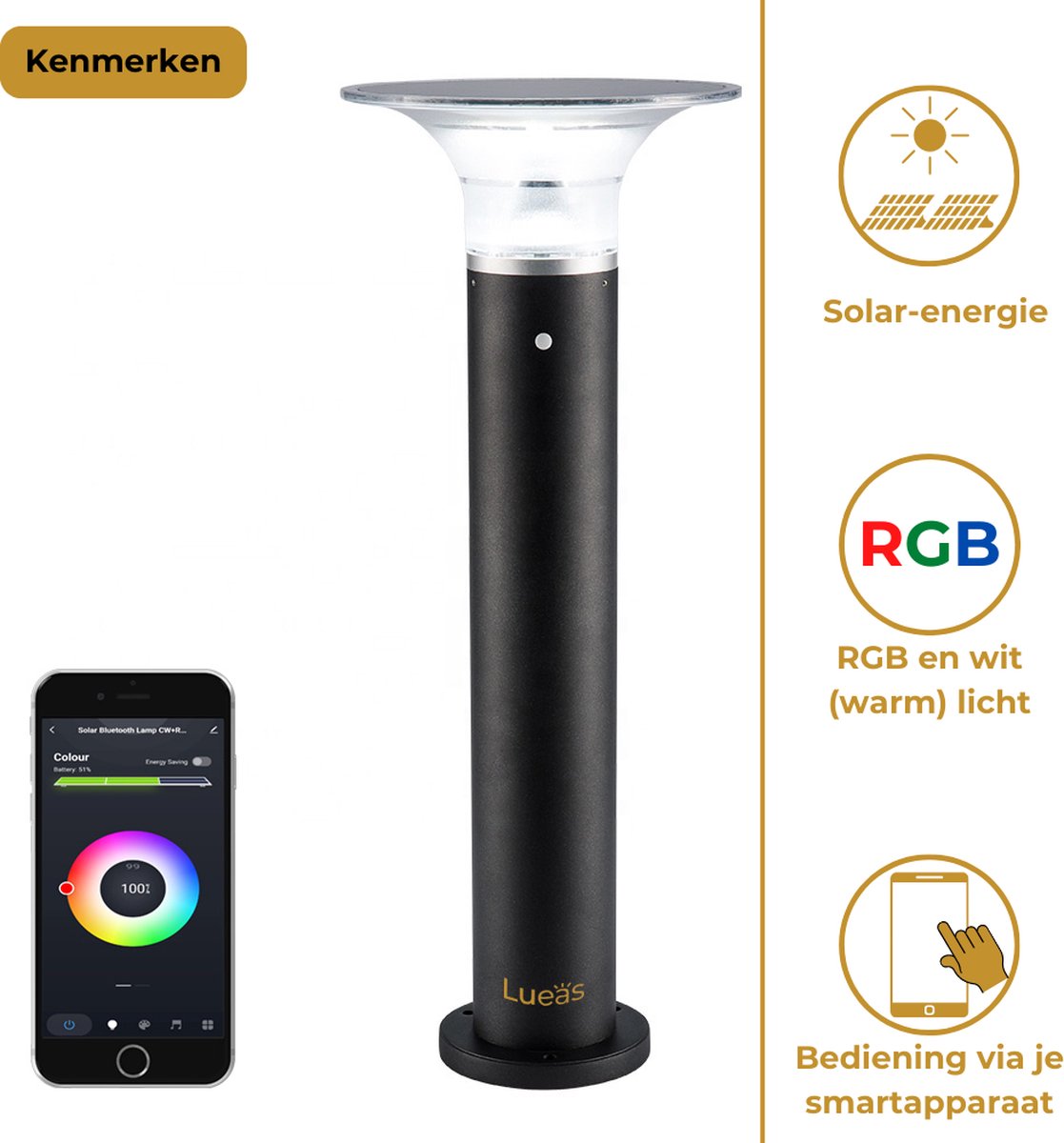 Solar LED lantern Phone controllable - with app - Solar energy - Path lighting - Light sensor - Bluetooth - Solar garden light