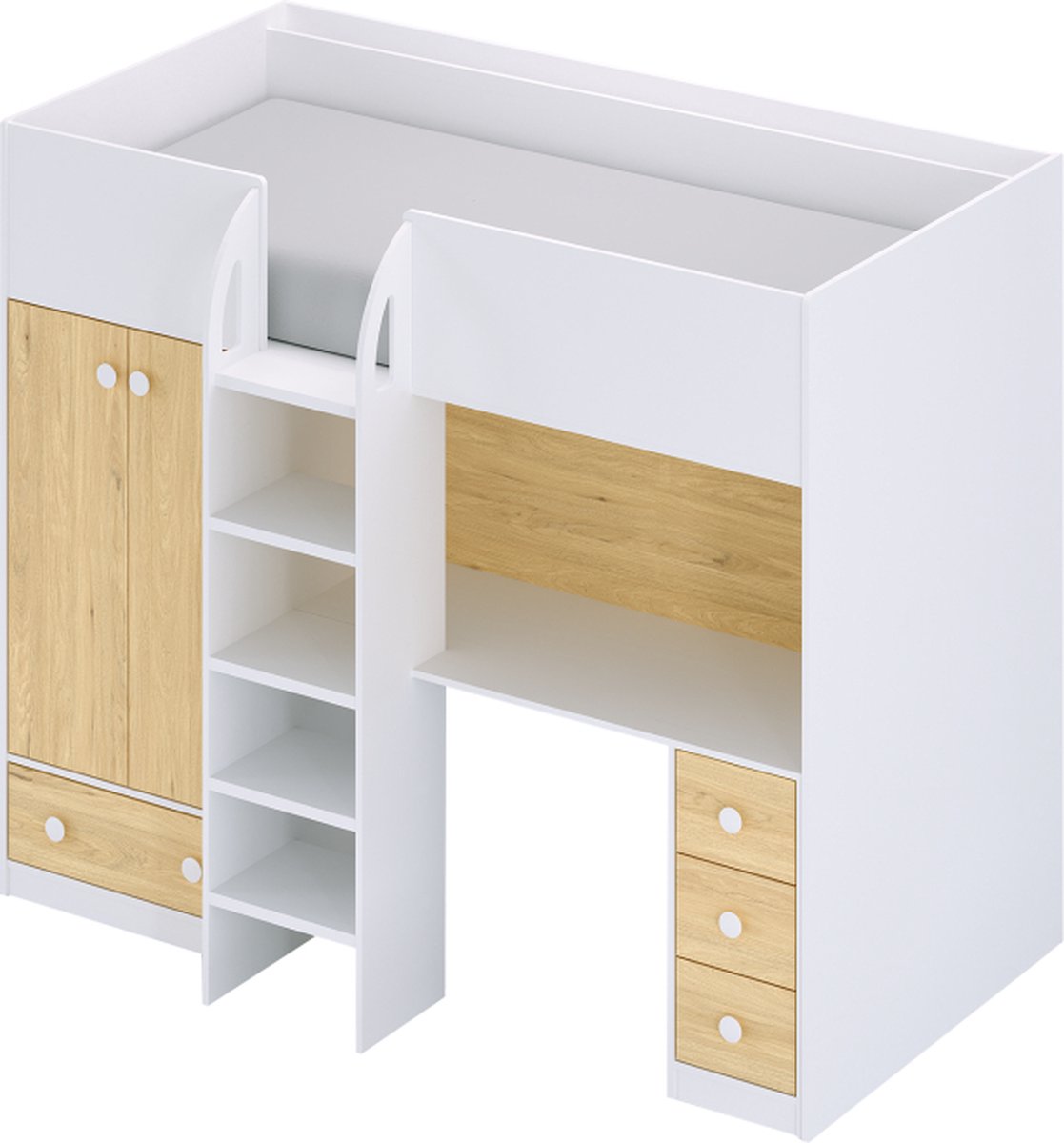 Hoogslaper 90 x 190 cm met kast en bureau - Wit en naturel - CINAMO B 196 cm x H 162.3 cm x D 120.8 cm