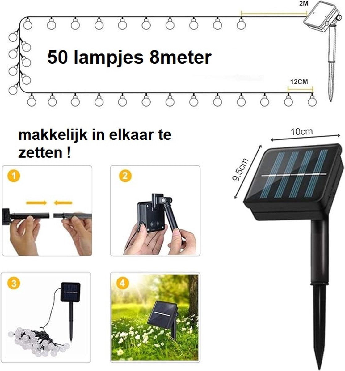 Lichtsnoer op Zonne-energie - Solar Tuinverlichting - 50 Leds - 8 Meter - Waterdicht Lichtsnoer - Buiten/Binnenverlichting - Verlichting voor Tuin, Bomen, Terras, Kerstmis, Bruiloften, Feesten