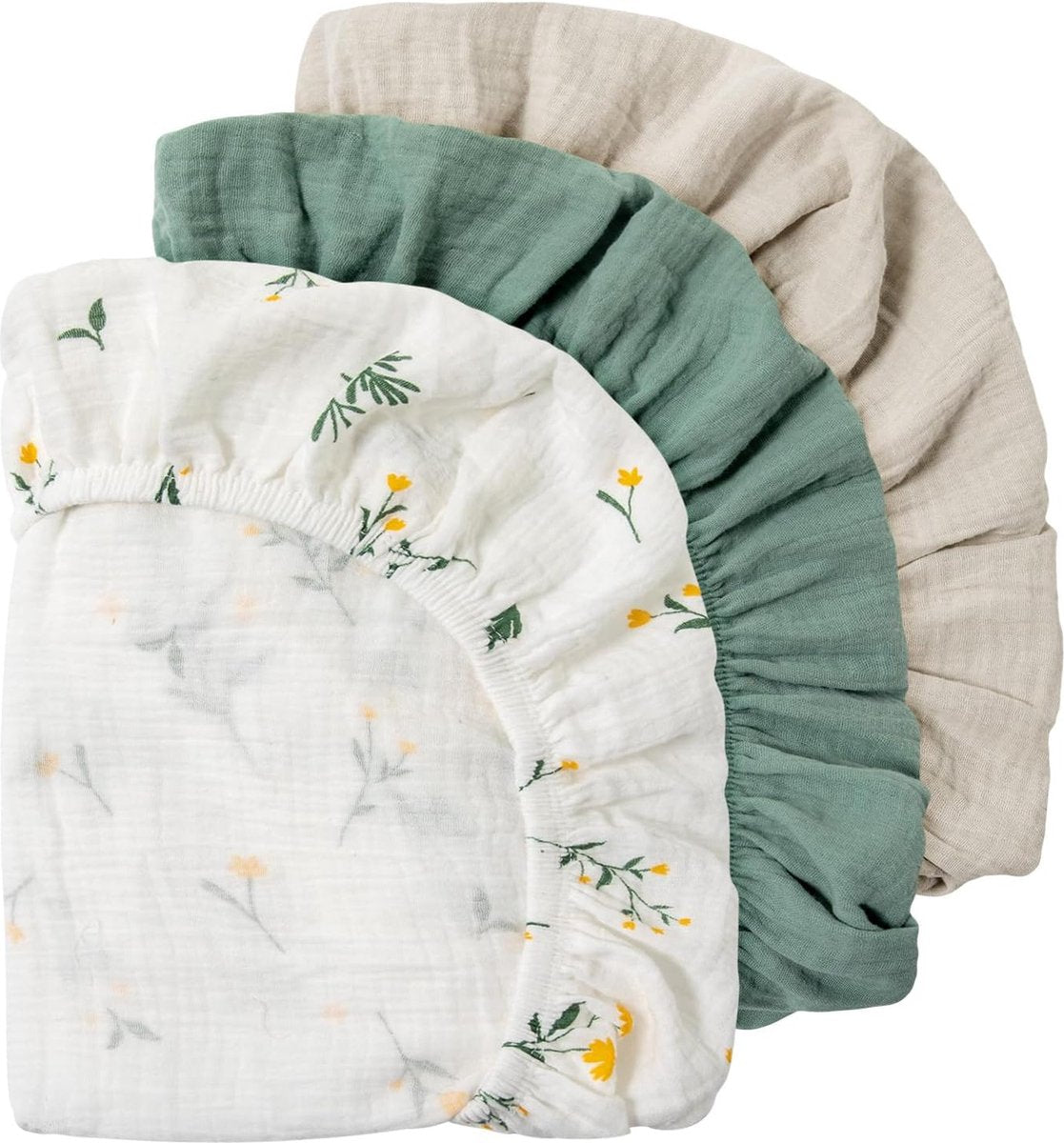 Set van 3 hoeslakens, matrasbeschermers voor boxen, 100% mousseline katoen, zachte en hoogwaardige universele hoeslakens voor kinderwagens. Geboortecadeau (bloemrijk)