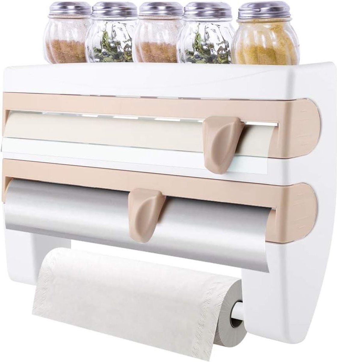 Foliehouder Wandrol met plank - Keukenrolhouder en foliesnijder - Papierrolhouder voor keukenrol - Aluminiumfolie Vershoudfolie Papieren handdoekhouder - Houder Keukengereedschap (kaki)