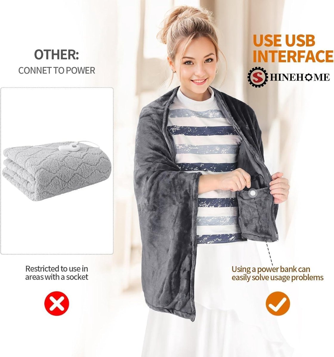 Electric blanket with USB connection - Cordless heated blanket with 3 temperature levels - Machine washable