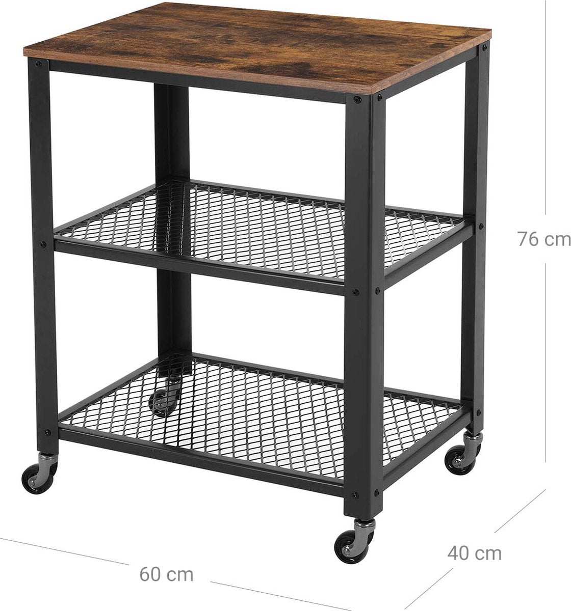 Serve trolley, kitchen trolley, kitchen cabinet, kitchen rack, trolley, kitchen shelf on 4 wheels, steel frame, 3 shelves, for kitchen and living room, guest serving trolley, industrial design, vintage brown-black