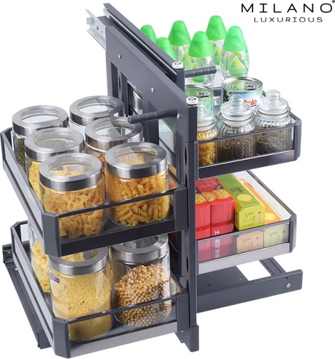Milano Luxurious® Magic Corner - Corner Kitchen Cabinet Organizer - Pull-out Drawers - 4 trays, 2 levels - 48 x 87 x 58 cm - door width 40 cm - anthracite