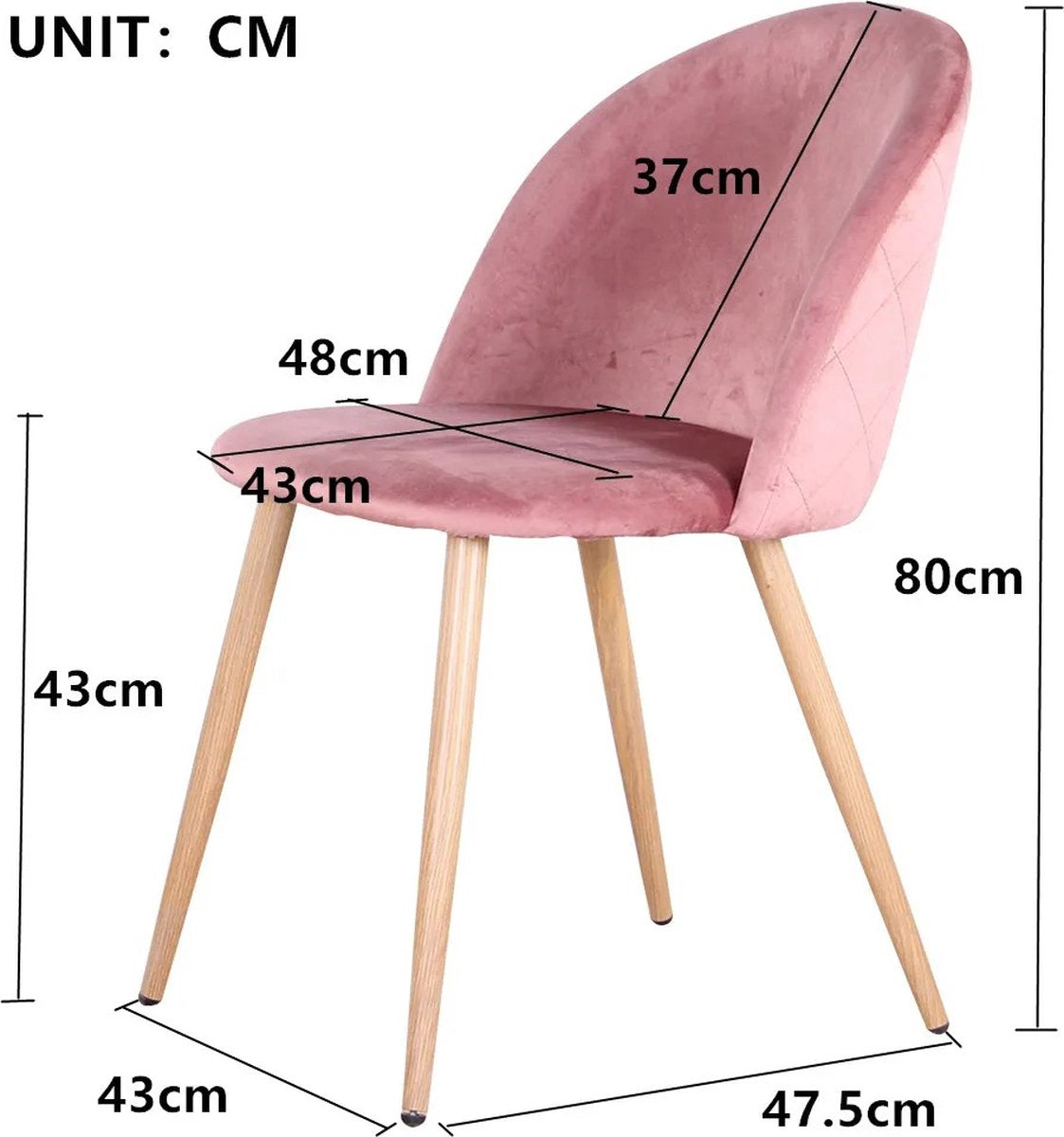 RM Store® - Set van 4 moderne stoelen - Fluweel stoelenset - Eetkamerstoelen - Bureaustoelen - Woonkamerstoelen - Houten poten - Loungestoelen - Antislip - Roze - Max. 120 KG.