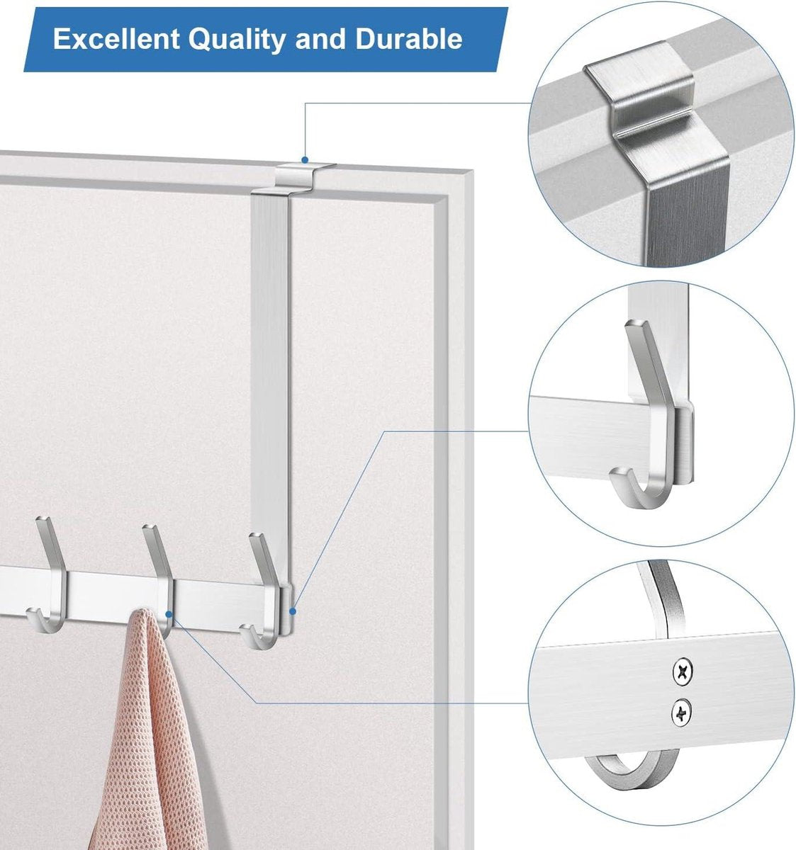 Stainless Steel Door Hook without Drilling - 6 Hooks Door Hook Strip - Bathroom Bedroom - Silver Inside Door Coat Rack Overlay Door