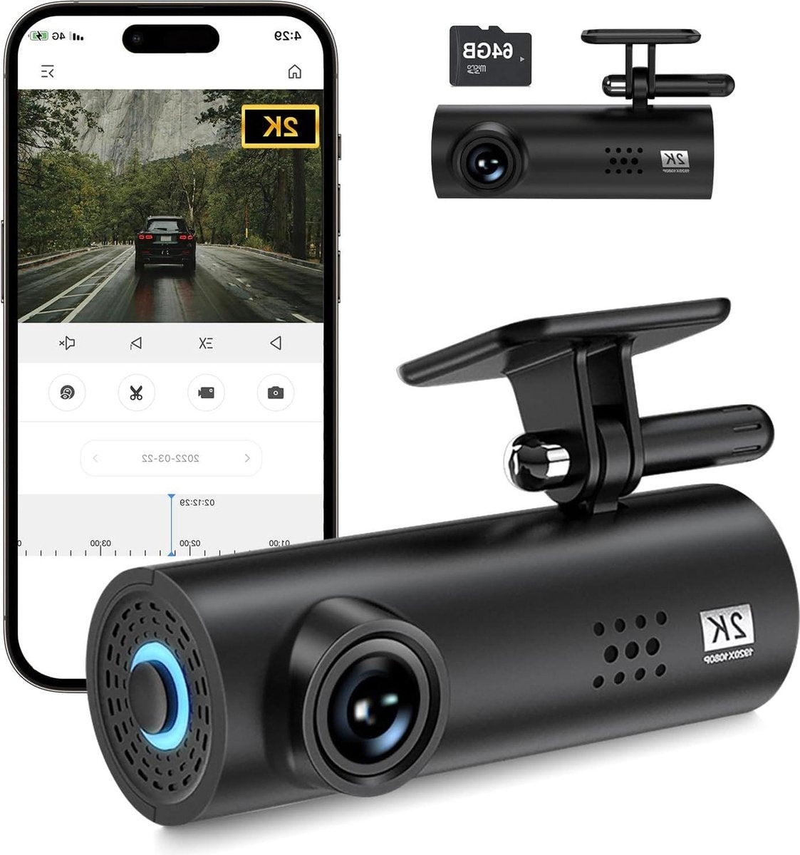 Auto achter Dashcam, 2K + 1296P WiFi, 64G SD-kaart, 170Â° groothoek, loopopname, nachtzicht, parkeermodus Dashcam voor auto