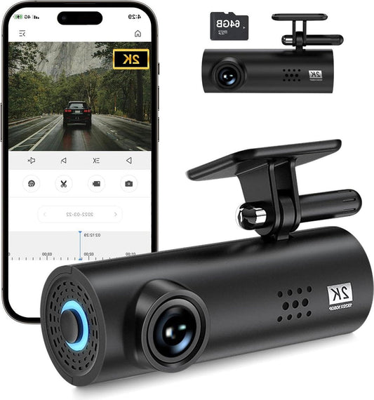 Auto achter Dashcam, 2K + 1296P WiFi, 64G SD-kaart, 170Â° groothoek, loopopname, nachtzicht, parkeermodus Dashcam voor auto