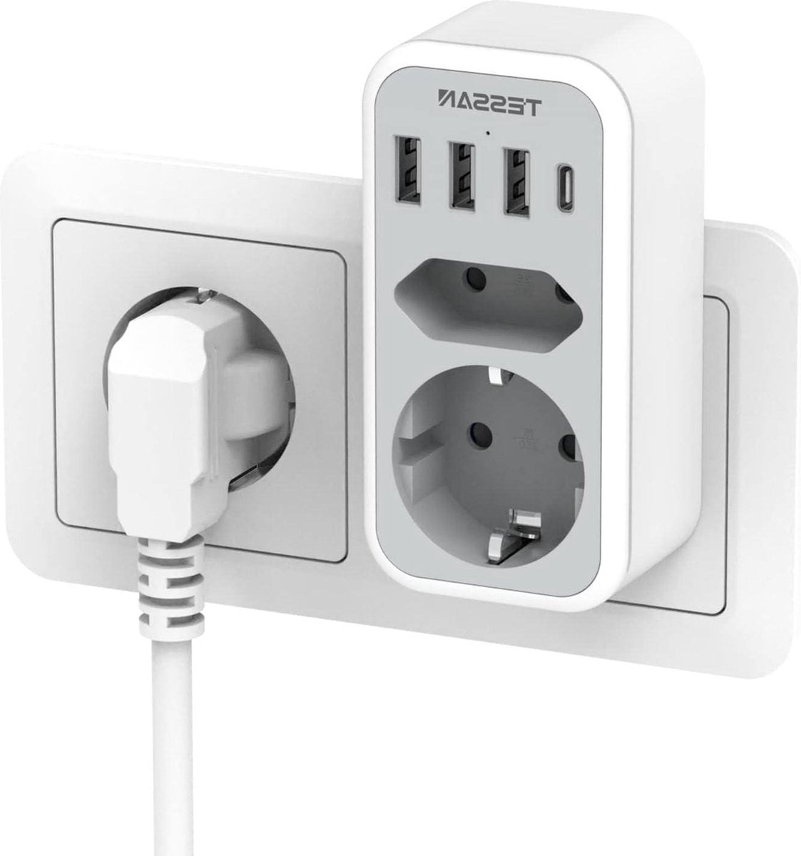 Dubbele Stekkeradapter Stopcontact USB C - 2-voudig met 4 USB Netstekker - Meervoudige Stekker en USB C Adapter Grijs