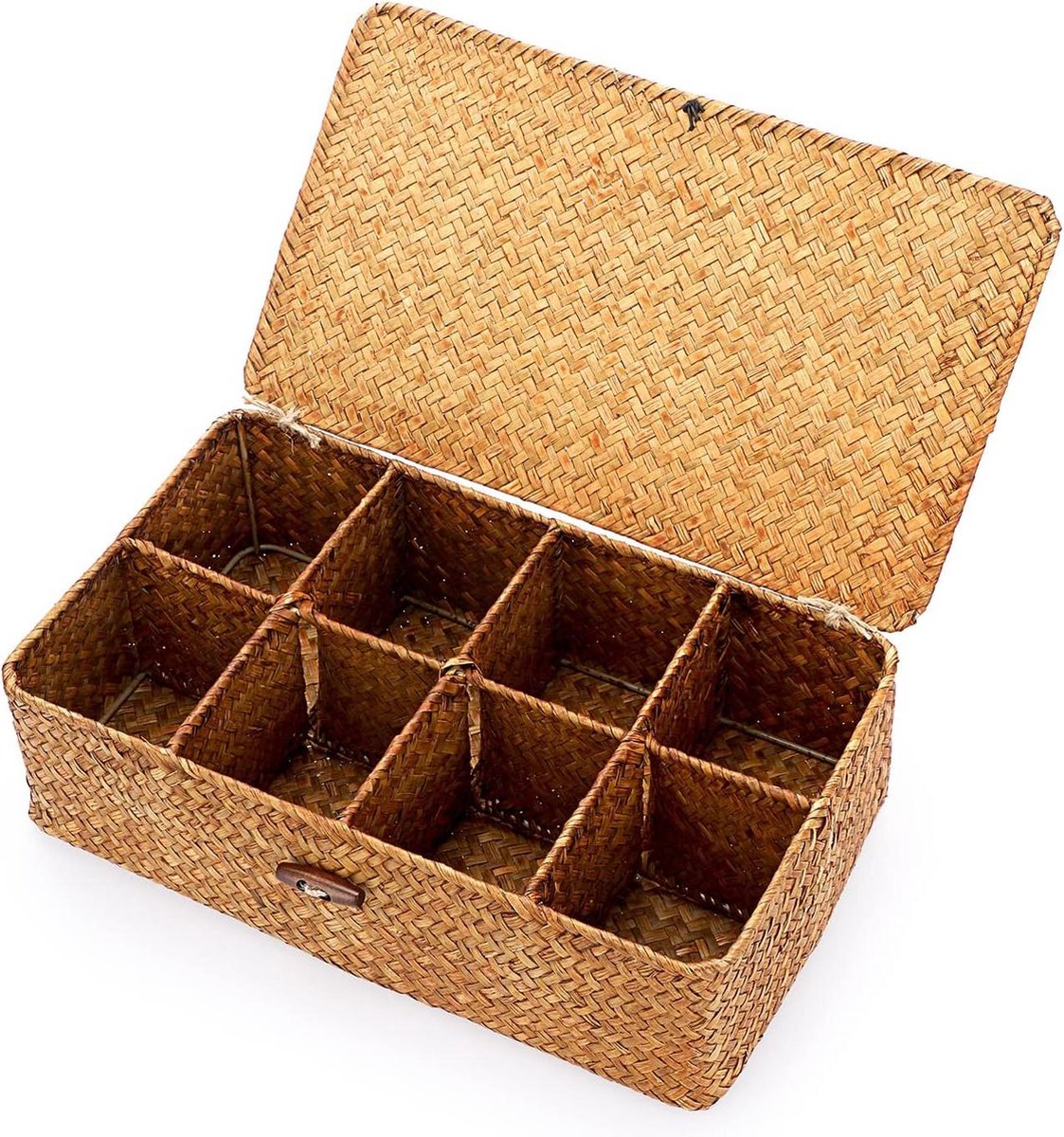 Wicker basket storage basket with lid 8 compartments table organizer caramel colored