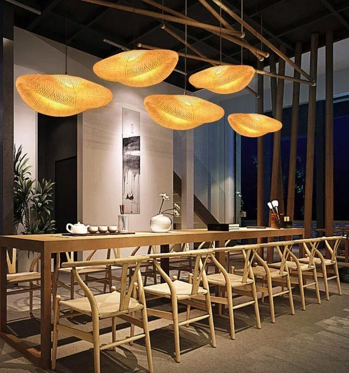 Blyx® - Hanglamp Bamboe - Wave - Rotan - Bali - Woonkamer - Eetkamer - Slaapkamer - Handgemaakt - Trendy - Ø40