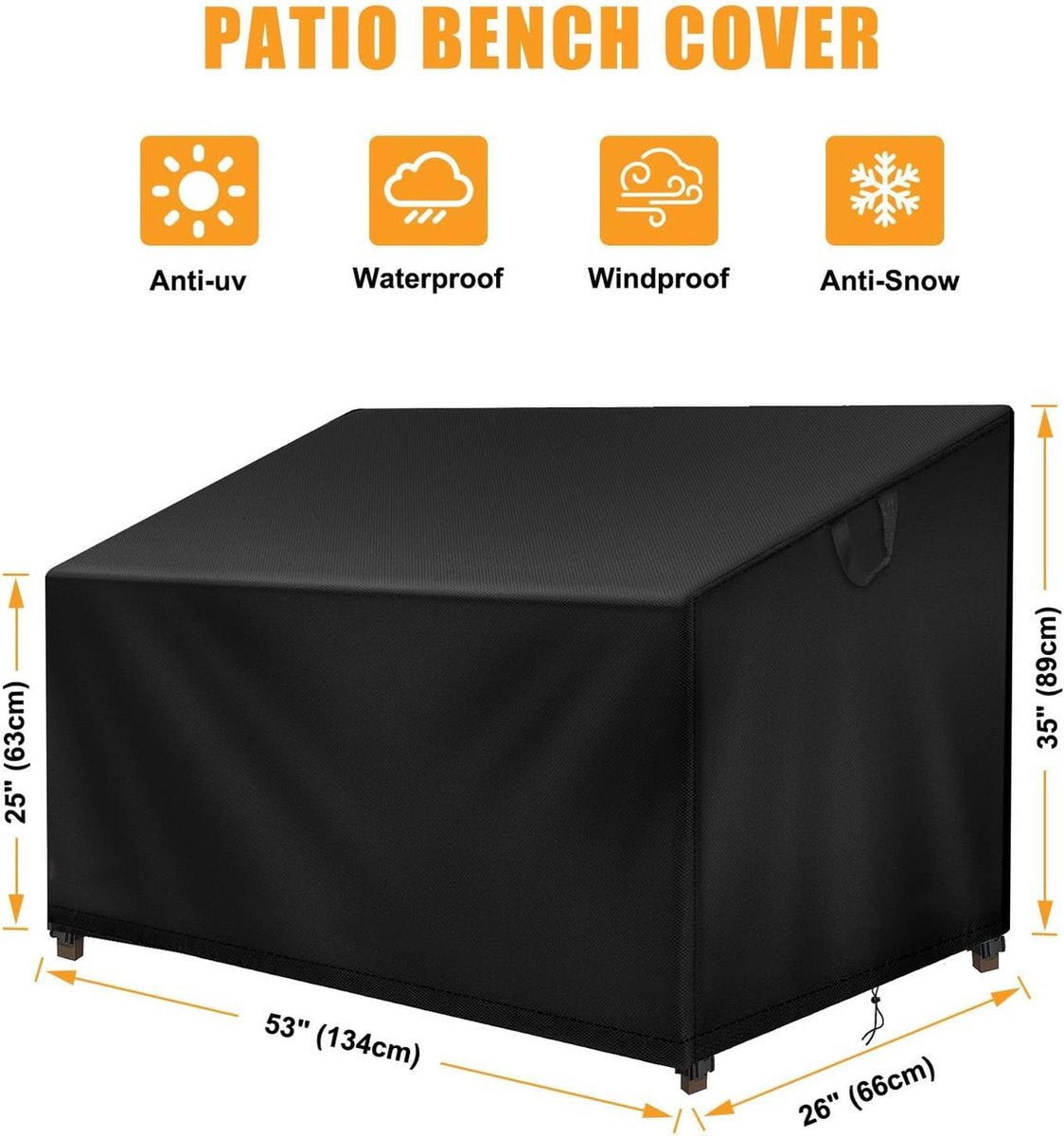 Beschermhoes voor 2-zits tuinbank, waterdicht, 134 x 66 x 63/89 cm, 600D Oxford-hoes voor tuinbank, tuinbankhoes, zwart
