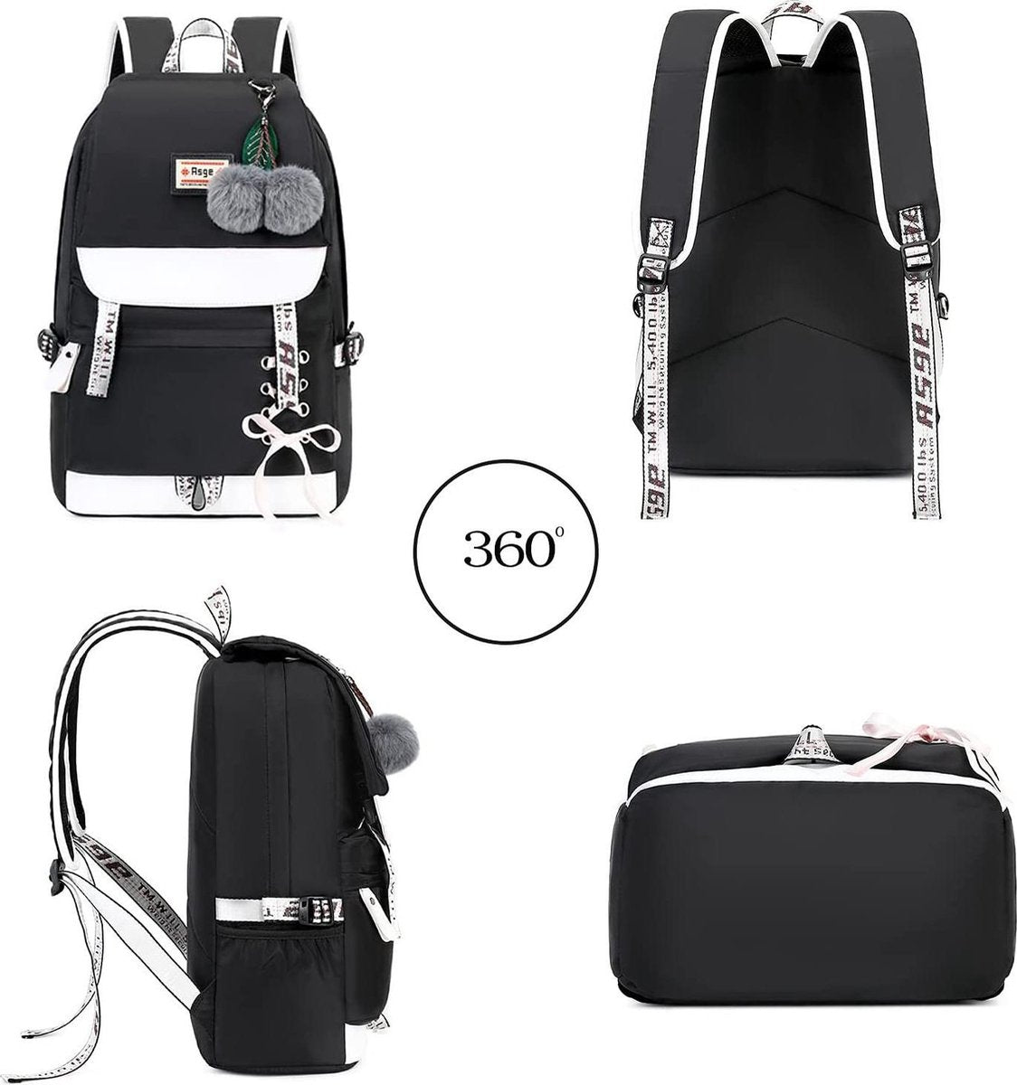 Rugzak - 25 Liter - Dames - School - Casual - USB aansluiting - Zwart