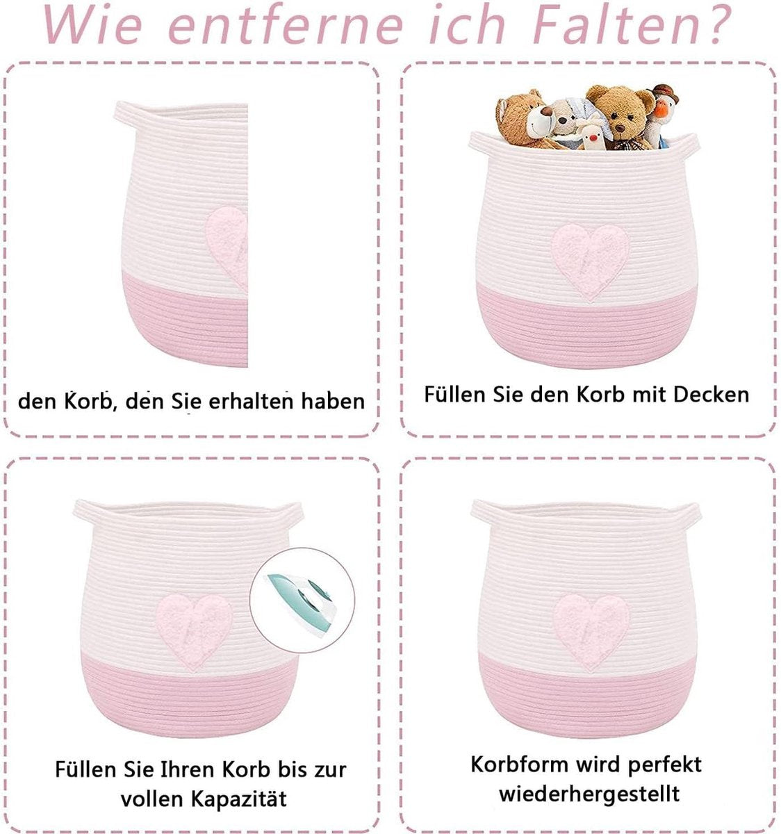 Large Cotton Rope Woven Storage Basket - Toy Organizer - Laundry and Blankets - Round Gift Basket - Nursery - 45 x 43 cm - Patented Product - Pink Wicker Basket