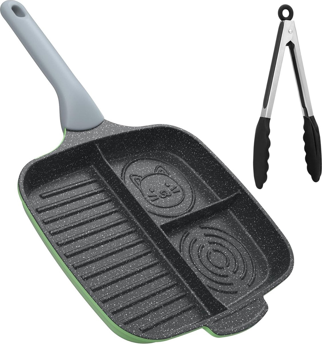 Split Frying Pan, 10-inch Non-Stick Skillet, 3-Section Breakfast Pan, Omelet Pan, Bacon and Burger, Compatible with All Stovetops, PTFE-Free