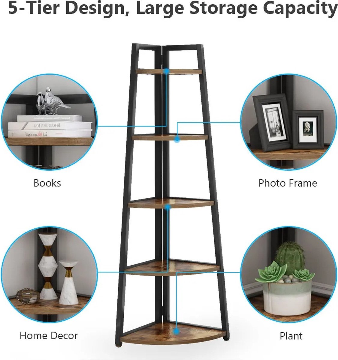 Boekenkast - Hoekmodel - Boekenrek - Boekenplanken - Metalen Frame - 5 Houten planken - Opbergplanken - B 65,91cm x D 24,99cm x H 179,58cm