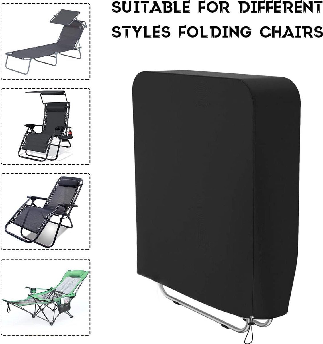 Opvouwbare stoelhoes, 2 stuks, tuinstoelen, beschermhoes, winddicht, anti-UV, waterdicht, voor ligstoel, vouwstoel, vergaderstoel, dekstoel, inklapbaar, tuinmeubelen, met draagtas (zwart)