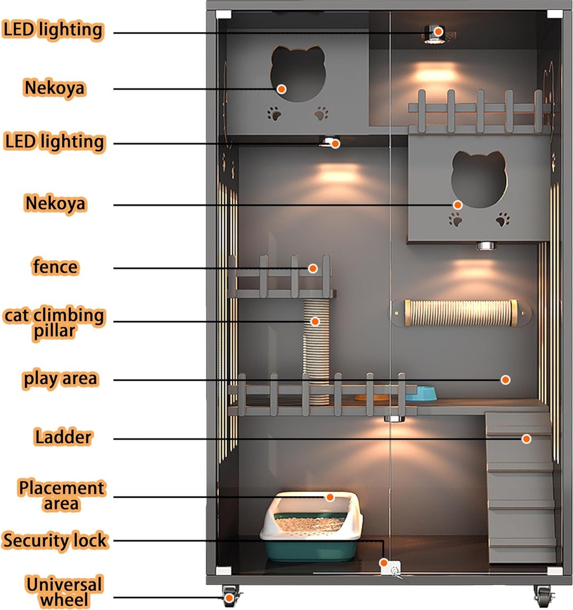 Large houten kattenhuis met wielen 90 x 60 x 125 cm - Kattenvilla met ledverlichting - Winterbestendig kattenhuis - Kattenbed voor huisdieren