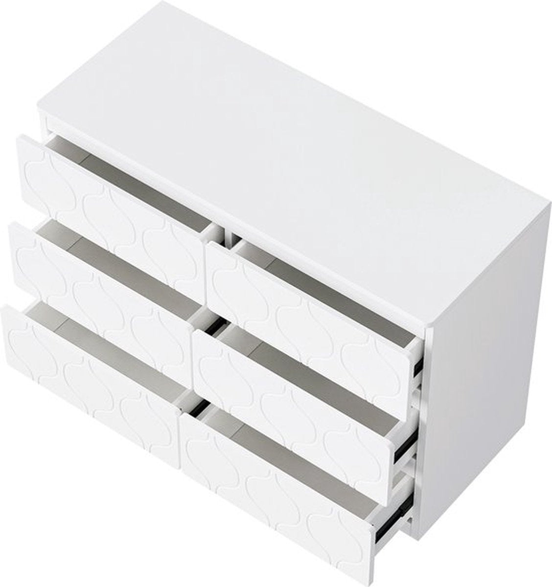 Dressoir met 6 laden, halkast, voor woonkamer, badkamer en slaapkamer, golfpatroon, gelakt, slagvast hoekontwerp, 6-vaks, 110 B x 40 D x 72 H, wit