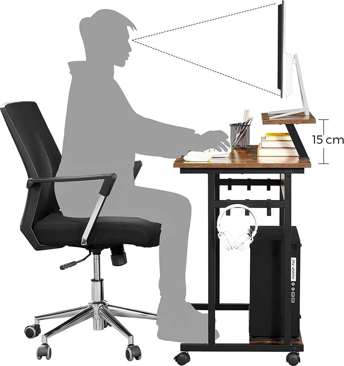 Desk, Computer Desk with Wheels, with Monitor Stand, 6 Hooks, 80 x 50 x 90 cm, Industrial Design, Vintage Brown-Black LWD085B01