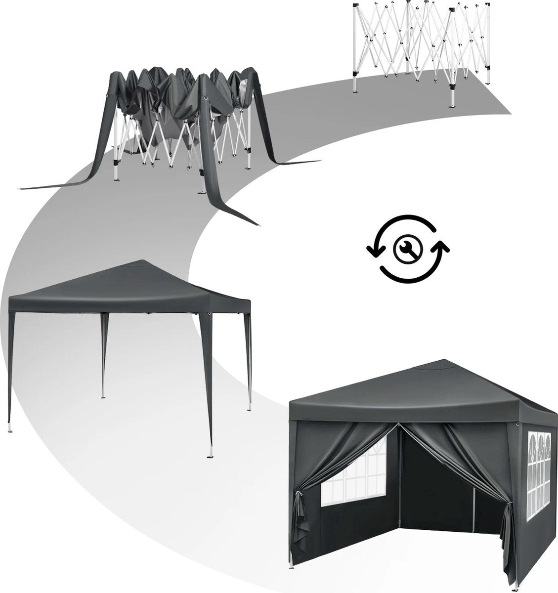 J&R Partytent - Paviljoen - Opvouwbare Luifel - Tuintent - Waterdicht - UV Bescherming - met Draagtas - Pavillon - Prieel - Zijpanelen - 3x3m - Grijs