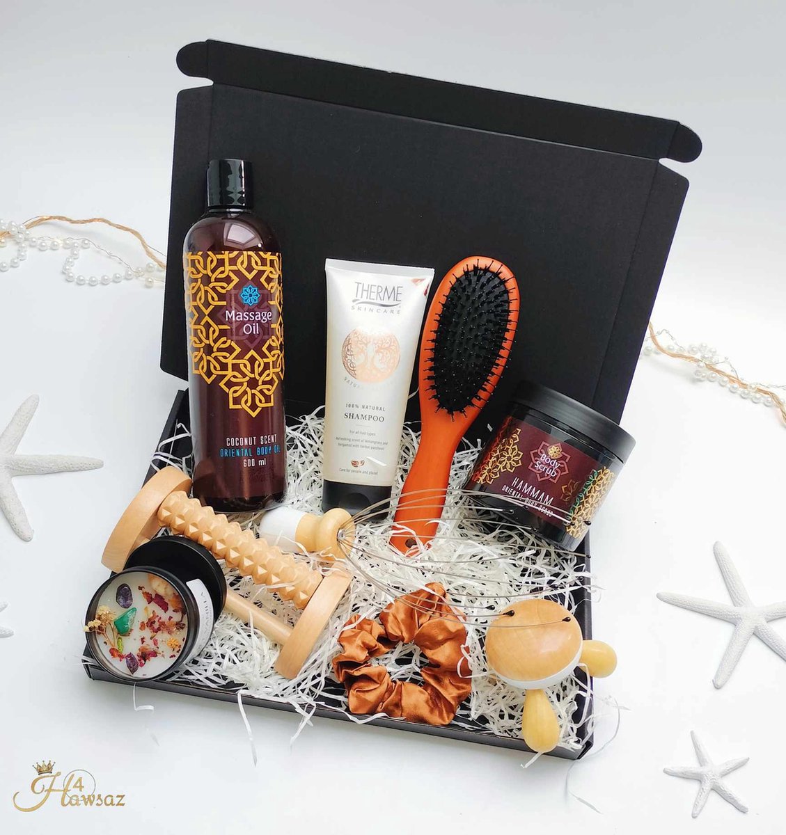 Dames Geschenkset - Bodycadeau 9 stuks - Luxe Cadeau - Hawsaz.nl cadeau - Giftsbox - Dames cadeau - Hammam Scrub - Massage olie - Verwenpakket - Valentijnscadeau - Kerstcadeau - Edelstenen geurkaars - Massage set - Verzorgingssets - Moederdag