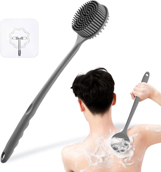 Siliconen lichaamsborstel, dubbelzijdige rugwasser voor onder de douche, doucheborstel, lange steel voor mannen en vrouwen, badborstel, doucheborstel voor dieptereiniging, badwasser exfoliërende massage