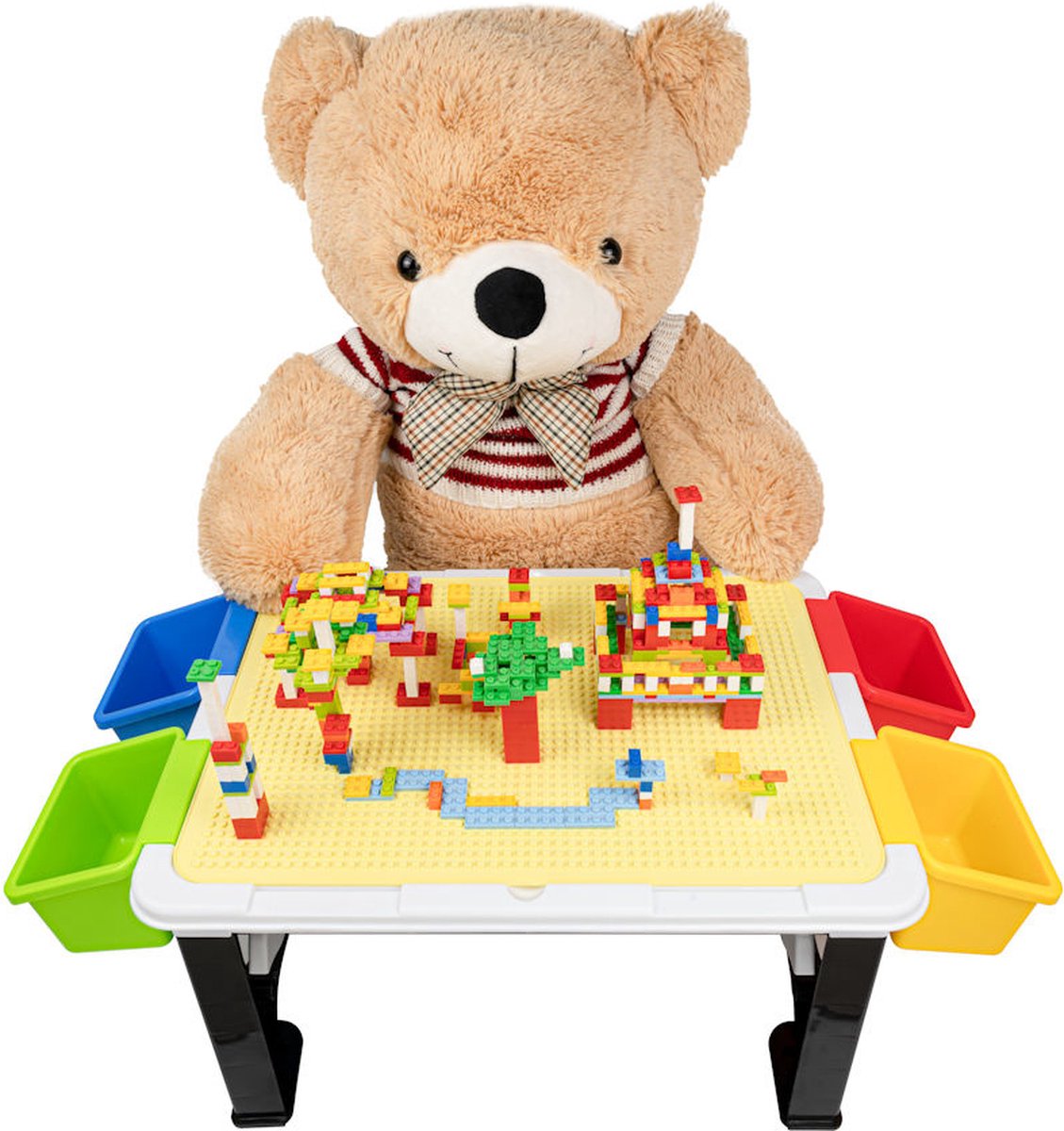 Decopatent® - Speeltafel met bouwplaat en vlakke kant. Kindertafel met 7 Opbergbakken - Bouwtafel