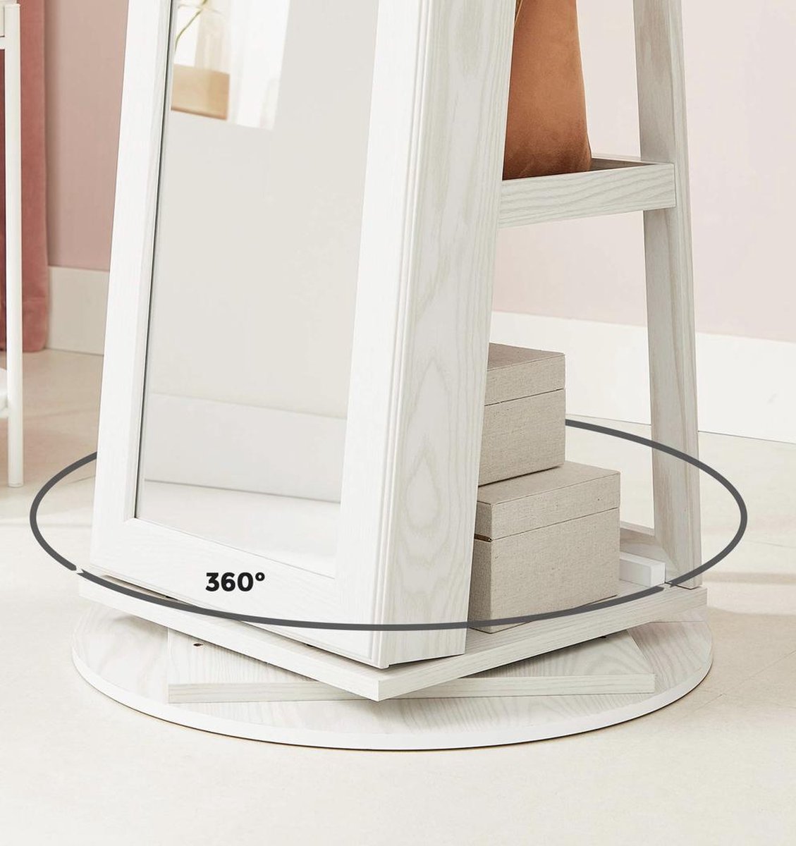 Jewellery cabinet with 160 cm high mirror, lockable, 360° rotatable with ladder rack JBC62W