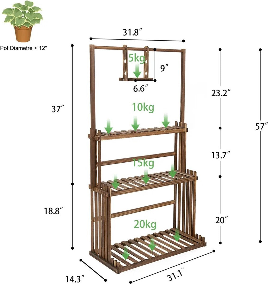 Gelaagde plantenstandaard - Plantenrek - Bloempotrek - Planten etagère - 3 laags - Hout - 145cm hoog