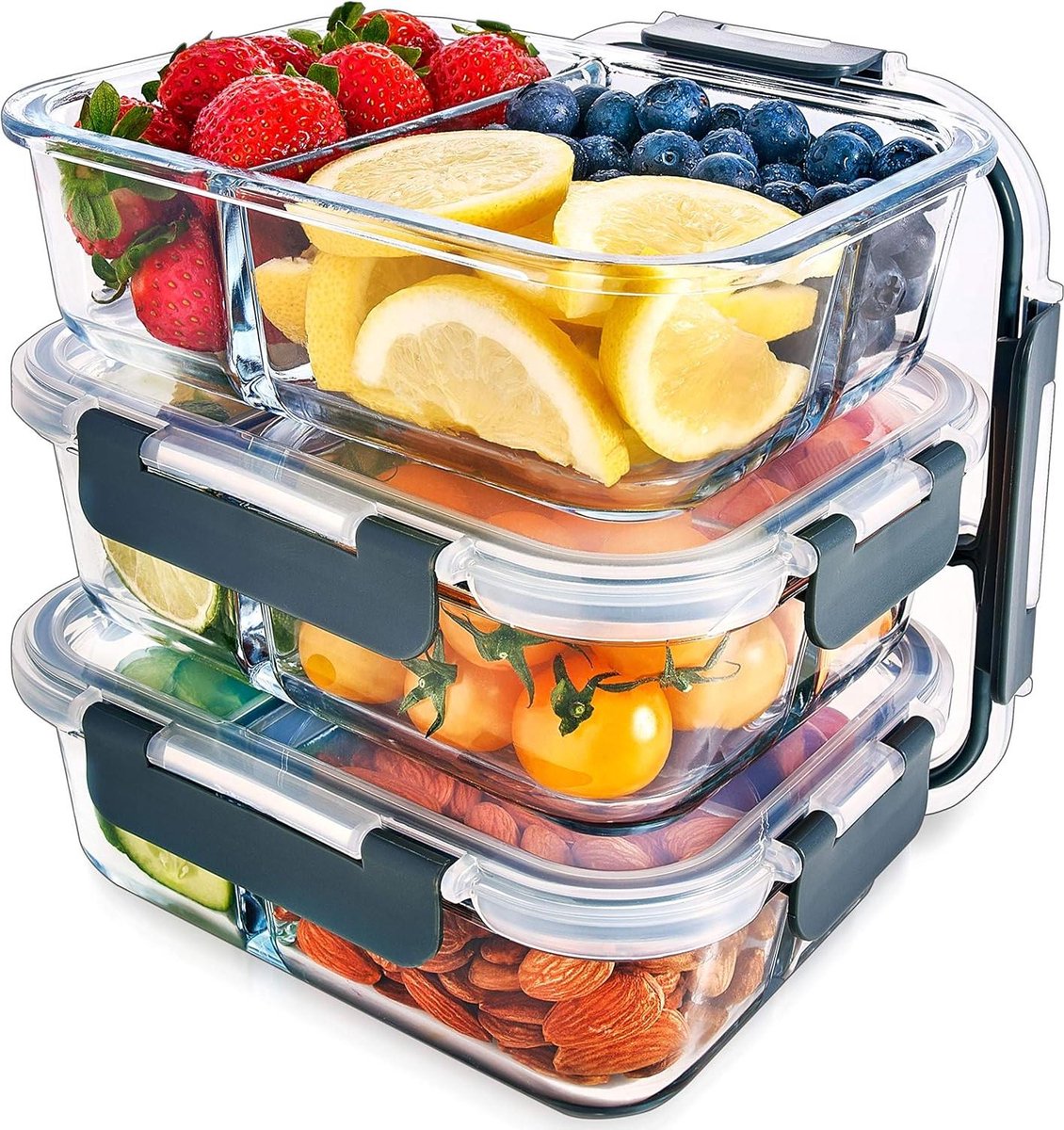 Glass Meal Prep Containers - 3 Compartments - Airtight Snap Lids - BPA Free - Microwave Freezer Dishwasher Safe - Portion Control - Food Storage Container - Set of 3 Meal Prep Containers