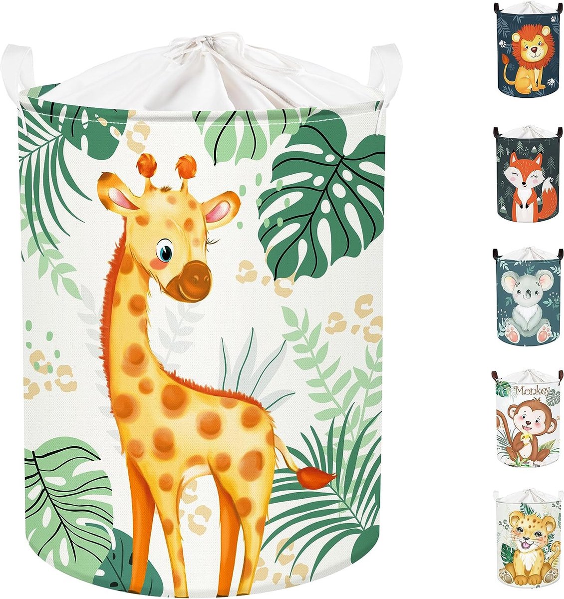 45L Leuke Groene Wasmand Baby met Giraffe, Vogels - Bosdieren Bladeren Ronde Wasmand Opvouwbaar - Perfecte Opbergmand voor de Kinderkamer om Speelgoed op te Bergen 36 x 45 cm