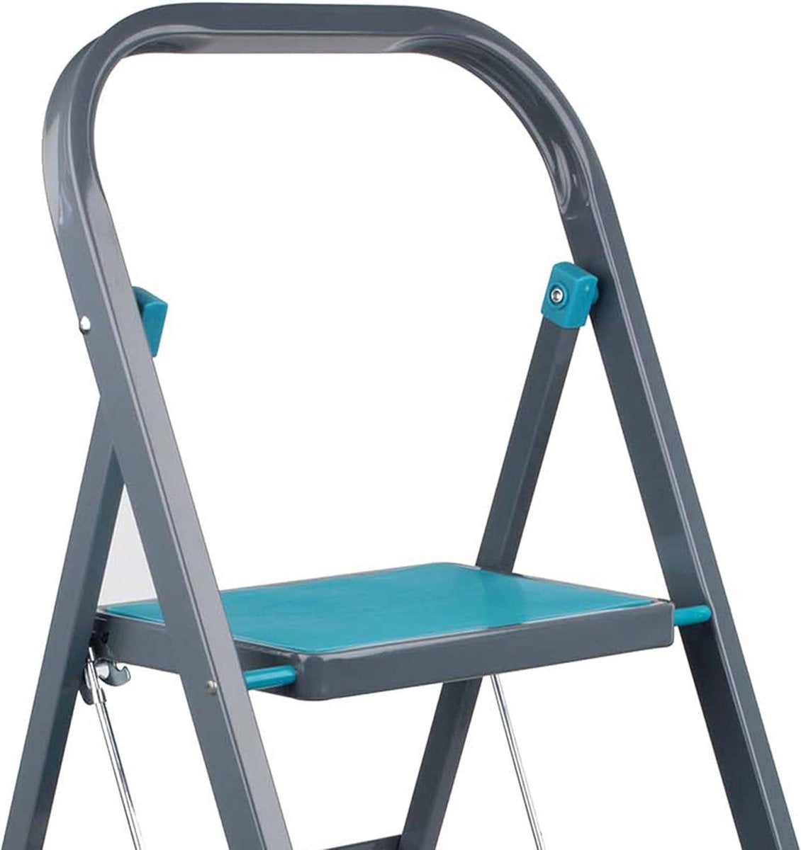 3-step ladder with anti-slip treads - durable and sturdy - for indoor and outdoor use - reach height of approx. 2.5 metres - safety clip - foldable - turquoise/grey ladder