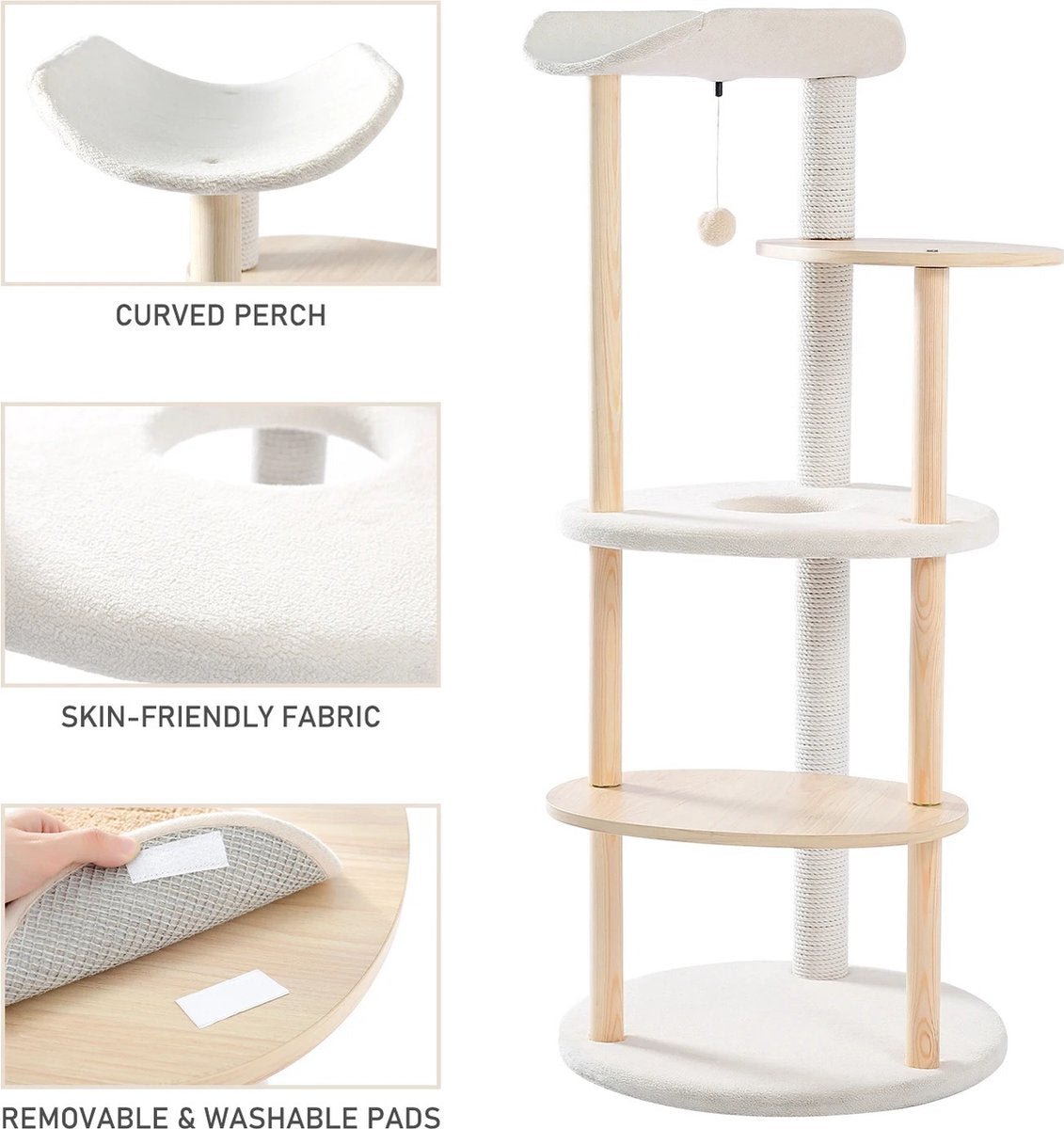 Luxueuze houten krabpaal 124,5 cm hoog - Krabpaal voor middelgrote en grote katten - Met natuurlijk sisaltouw - Met 4 ligplekken en holen - Comfortabel en stabiel - Hout