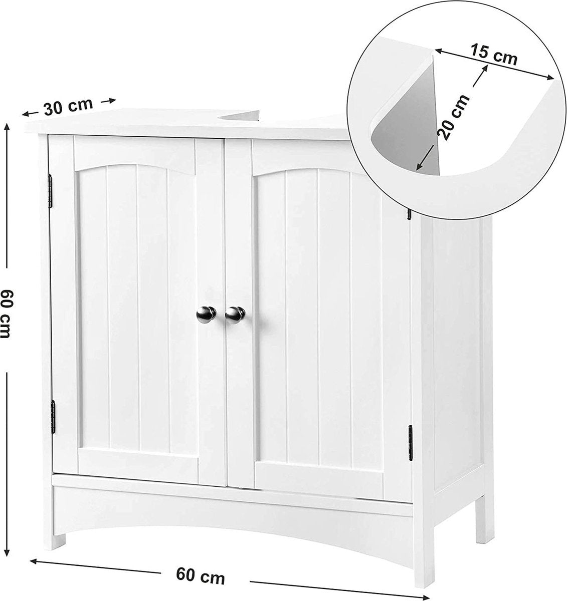 Wastafelonderkast, onderkast, wastafelmeubel, badkamerkast met 2 deuren, verstelbare plank 60 x 30 x 60 cm, wit BBC01WT