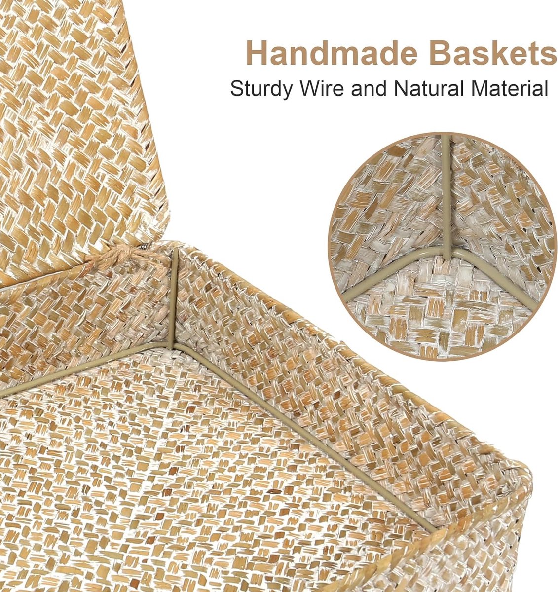 Set van 2 plat geweven rieten manden met deksel, natuurlijke zeegras-mandboxen, multifunctionele organizer, dozen voor plankorganizer