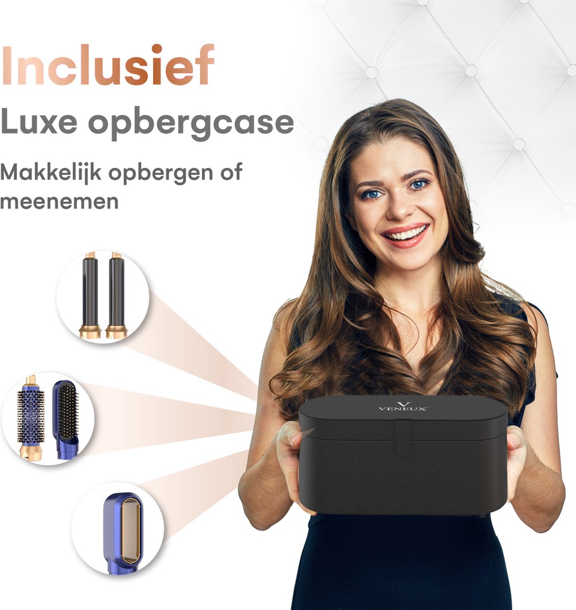 VENEUX® Föhnborstel - Airstyler - Krulborstel - Krultangen - 5-in-1 Multistyler - Met Opbergcase - Blauw Met Goud