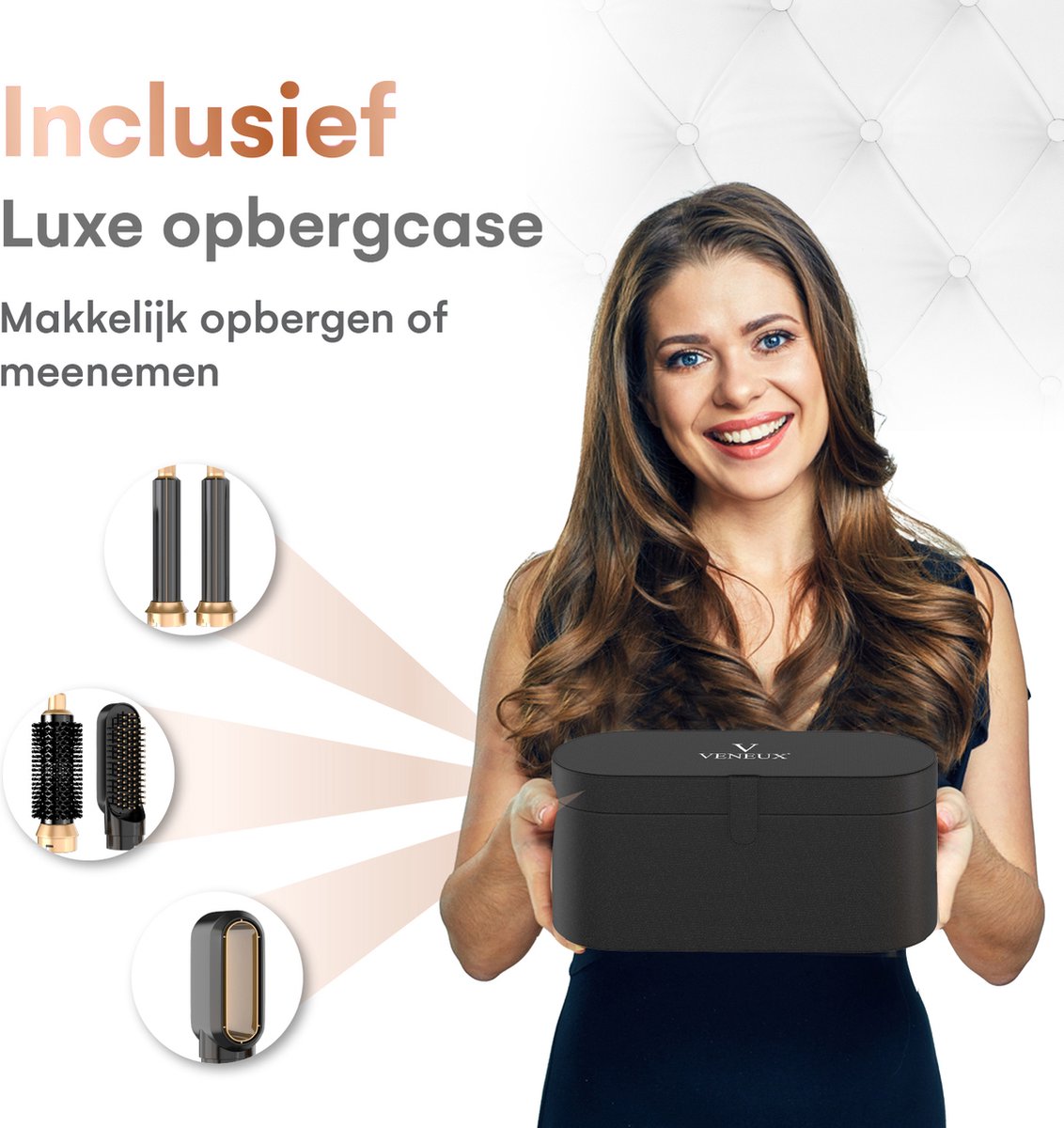 VENEUX® Föhnborstel - Airstyler - Krulborstel - Krultangen - 5-in-1 Multistyler - Met Opbergcase - Zwart Met Goud