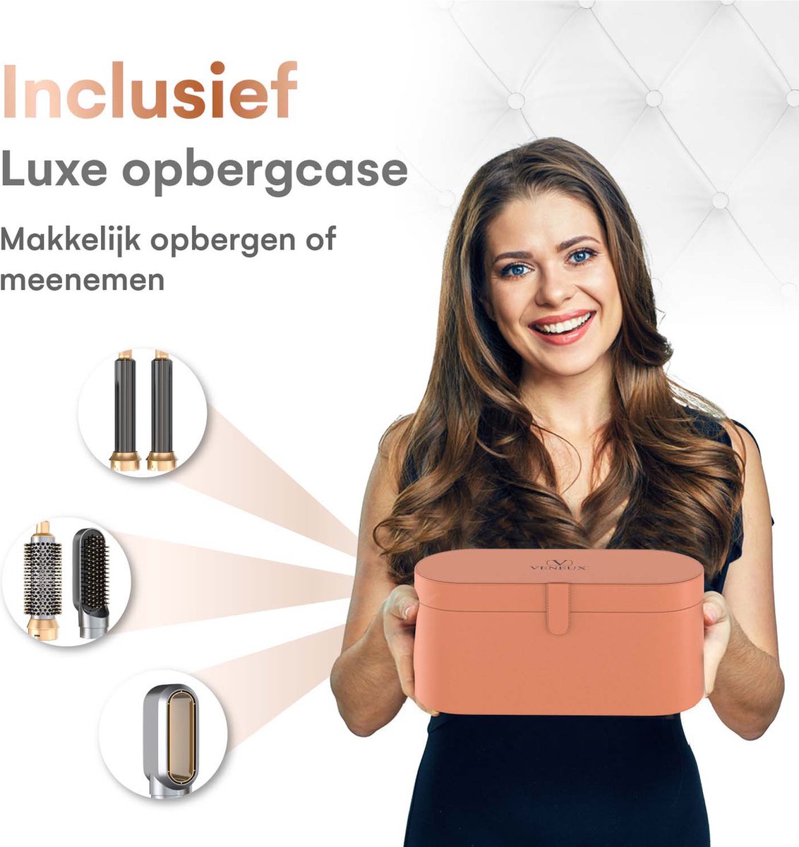 VENEUX® Föhnborstel - Airstyler - Krulborstel - Krultangen - 5-in-1 Multistyler - Met Opbergcase - Grijs Met Goud