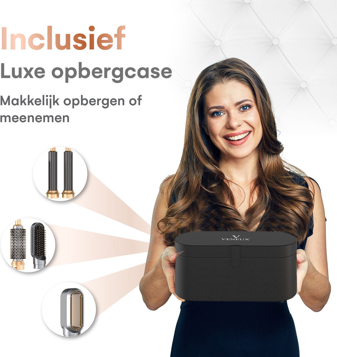 VENEUX® Föhnborstel - Airstyler - Krulborstel - Krultangen - 5 in 1 Multistyler - Met Opbergcase - Grijs Met Goud