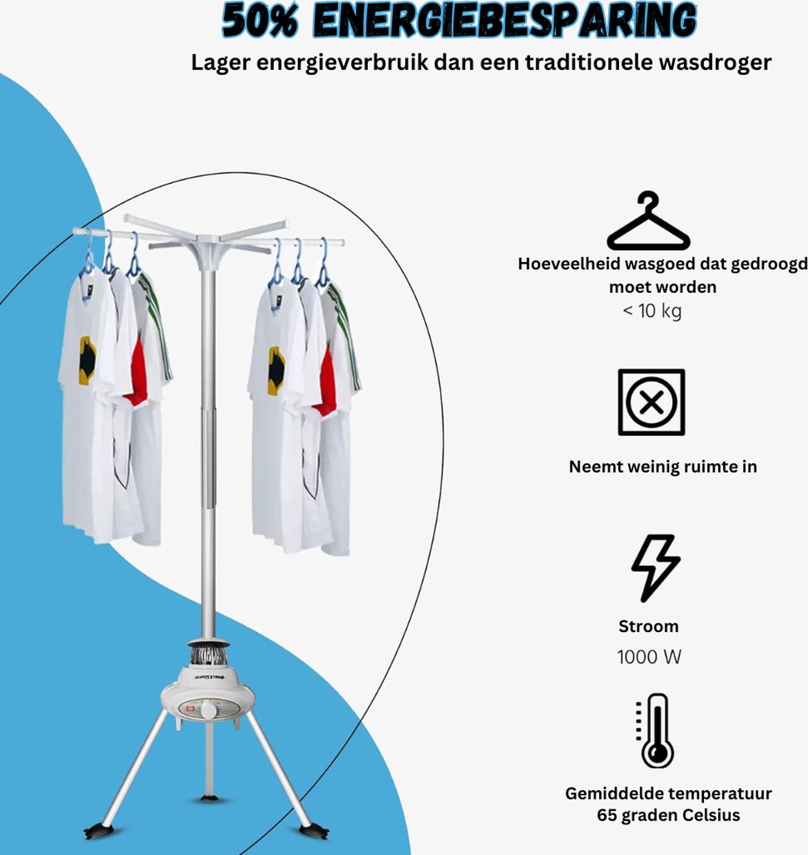 Portable Hot Air Dryer - Portable hot air clothes dryer without friction for 1,000 watts. 10 kg laundry