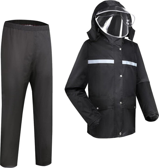Heren Waterdicht Regenpak (Jack en Broek) Outdoor Anti-Storm Regenkleding met Veilige Reflecterende Strip ZwartM Zwart