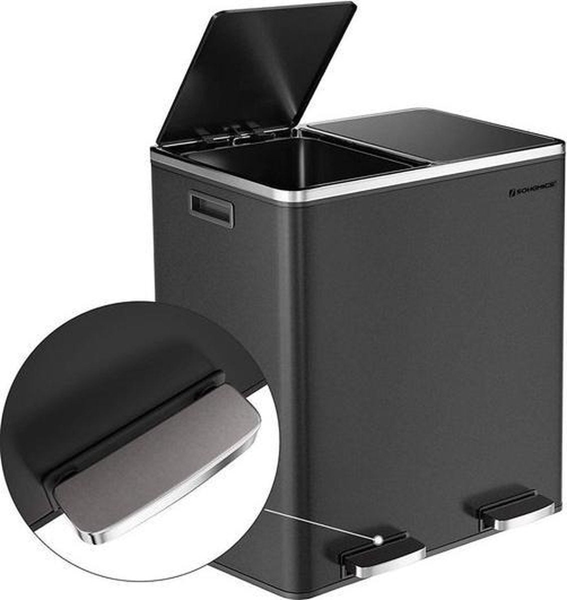 Songmics - Afvalemmer - 60 liter inhoud (2x30) - Met 2 gescheiden bakken - RVS - Zwart
