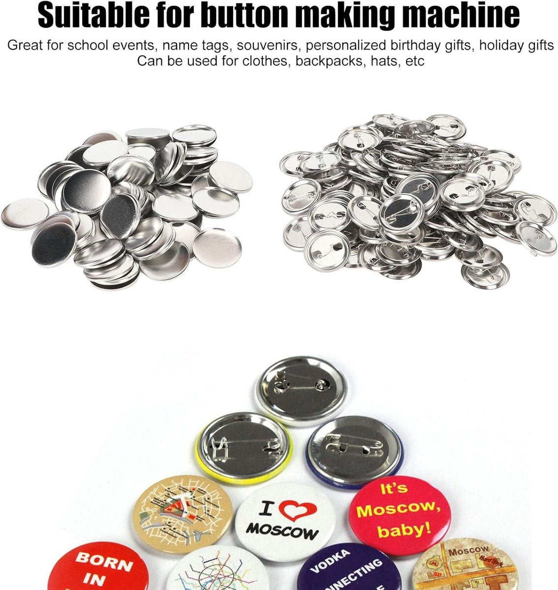 Pin Terug Knop Onderdelen Set - Stevig Metaal Plastic Roestvrij - Benodigdheden voor het maken van Knoppen - Knoppenmachine - Ronde DIY Pin Maker - Plastic Bodems en Transparant - 44MM