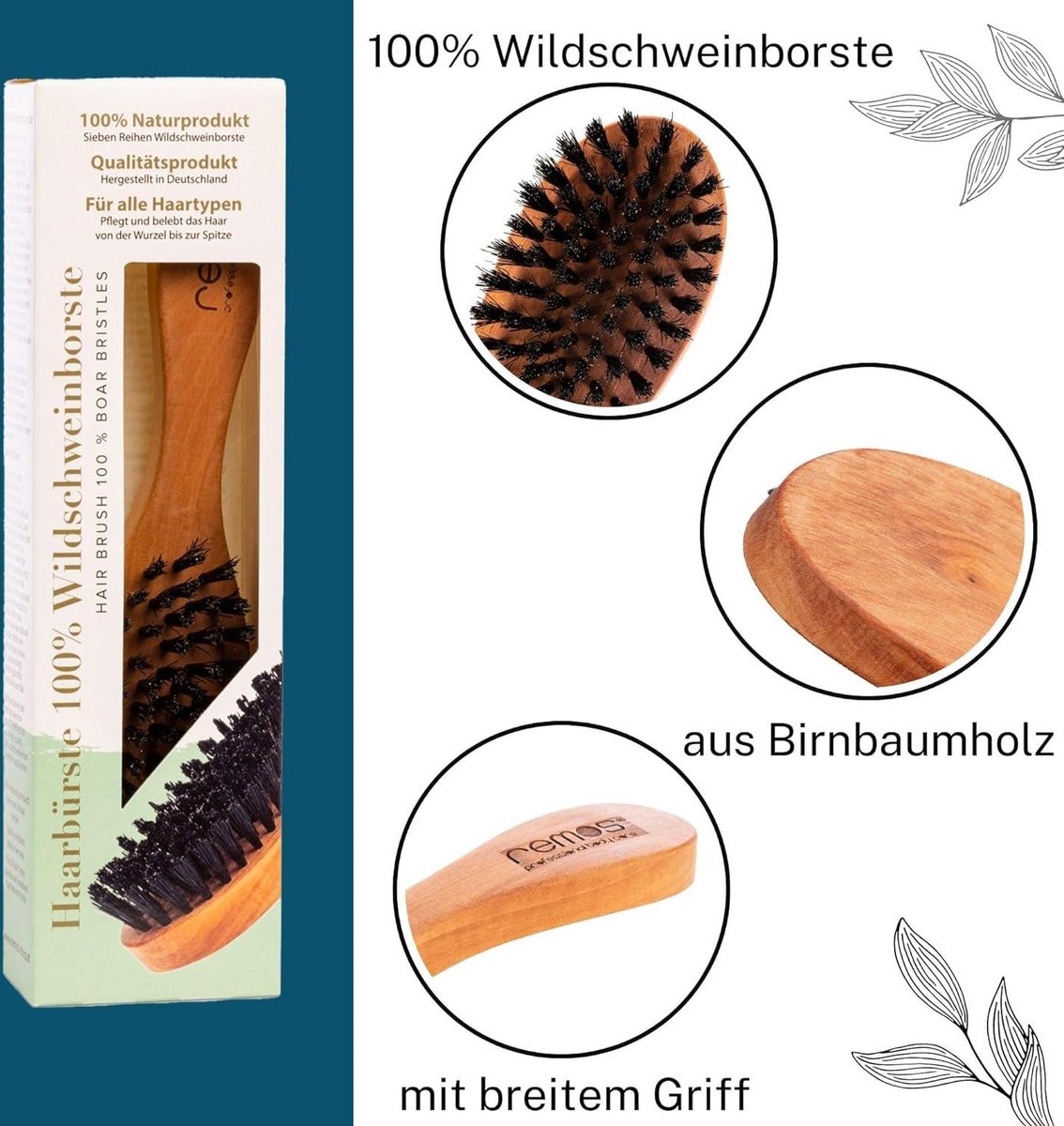 Hairbrush made from pearwood and wild boar bristles with a broad handle - natural REMOS quality
