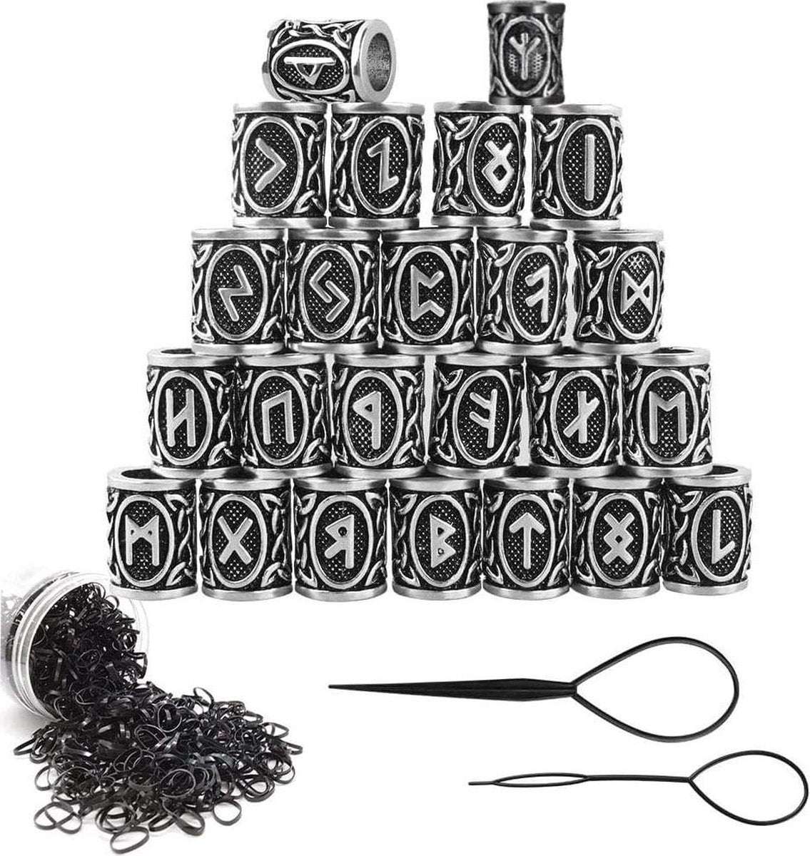 Men's Beard Jewelry - 24 Pieces Viking Runes Beard Bead Hair Tube Dreadlocks Beads Silver Black - Nordic Beards Hair Elastics for Hair Braids Hair Rings Braids