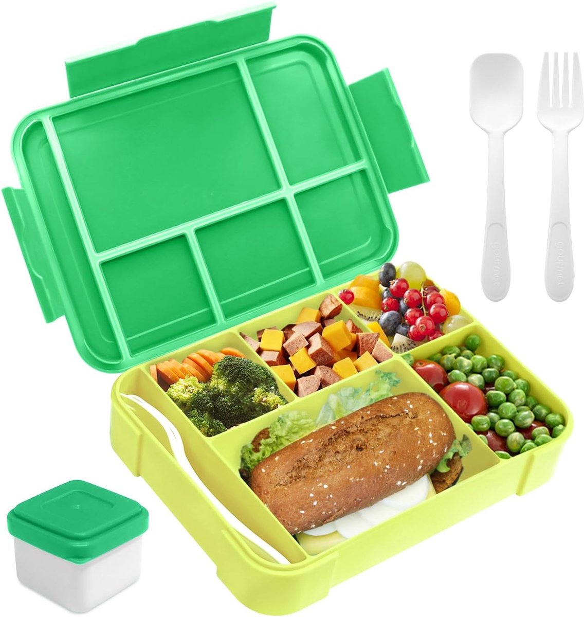 Lunchbox 1300 ml, lekvrij, broodtrommel voor kinderen met 5 vakken en bestekset, BPA-vrij, broodtrommel voor kinderen en volwassenen, geschikt voor magnetron en vaatwasser (groen)
