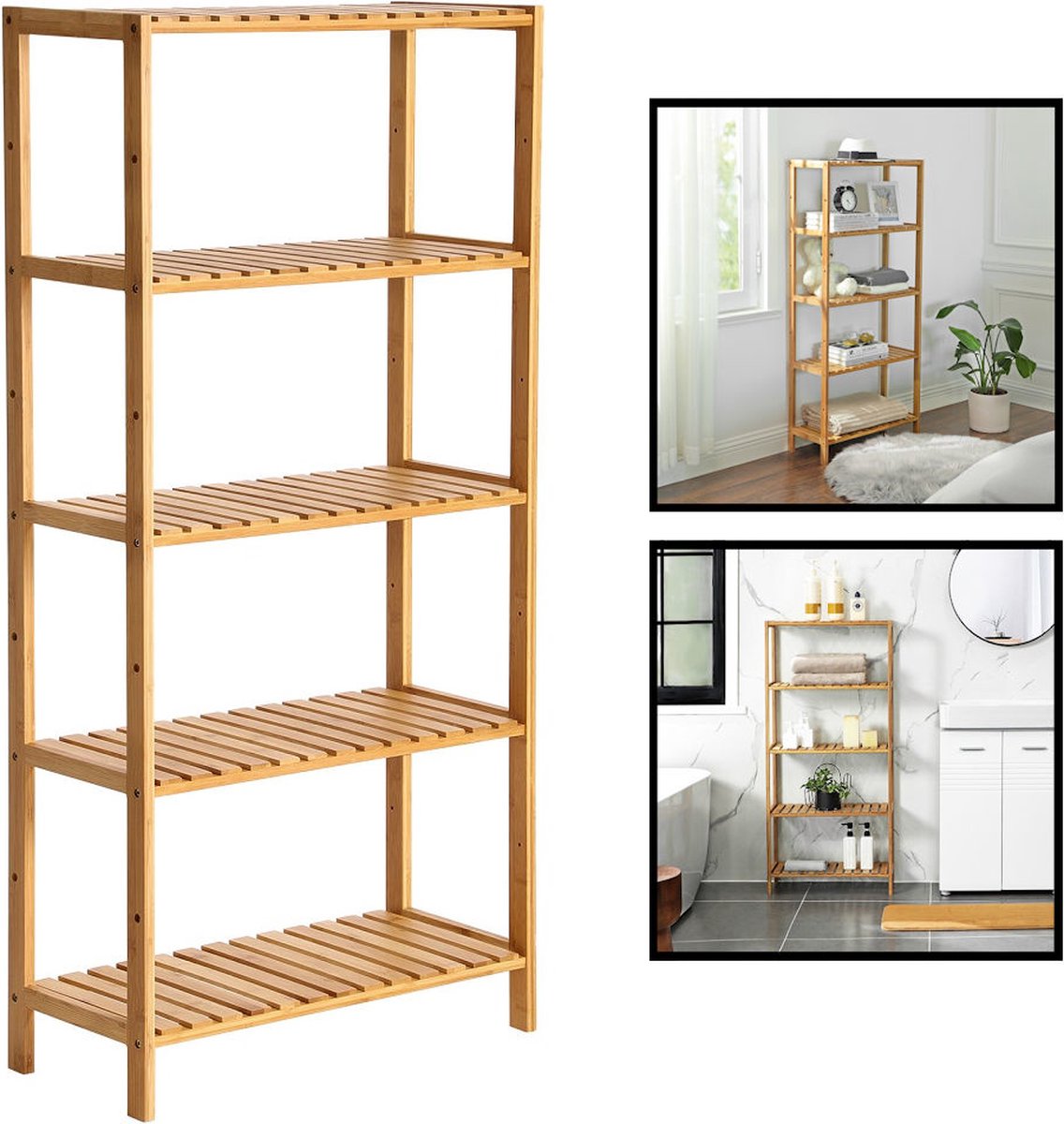 Bamboo Wooden Storage Rack - As an open bathroom rack, shoe rack or kitchen rack - Storage cabinet with 5 adjustable levels / shelves - Rack for bathroom, kitchen and hall - 60 cm wide - Decopatent®
