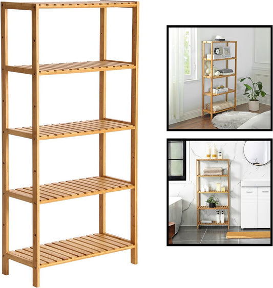 Bamboo Wooden Storage Rack - As an open bathroom rack, shoe rack or kitchen rack - Storage cabinet with 5 adjustable levels / shelves - Rack for bathroom, kitchen and hall - 60 cm wide - Decopatent®