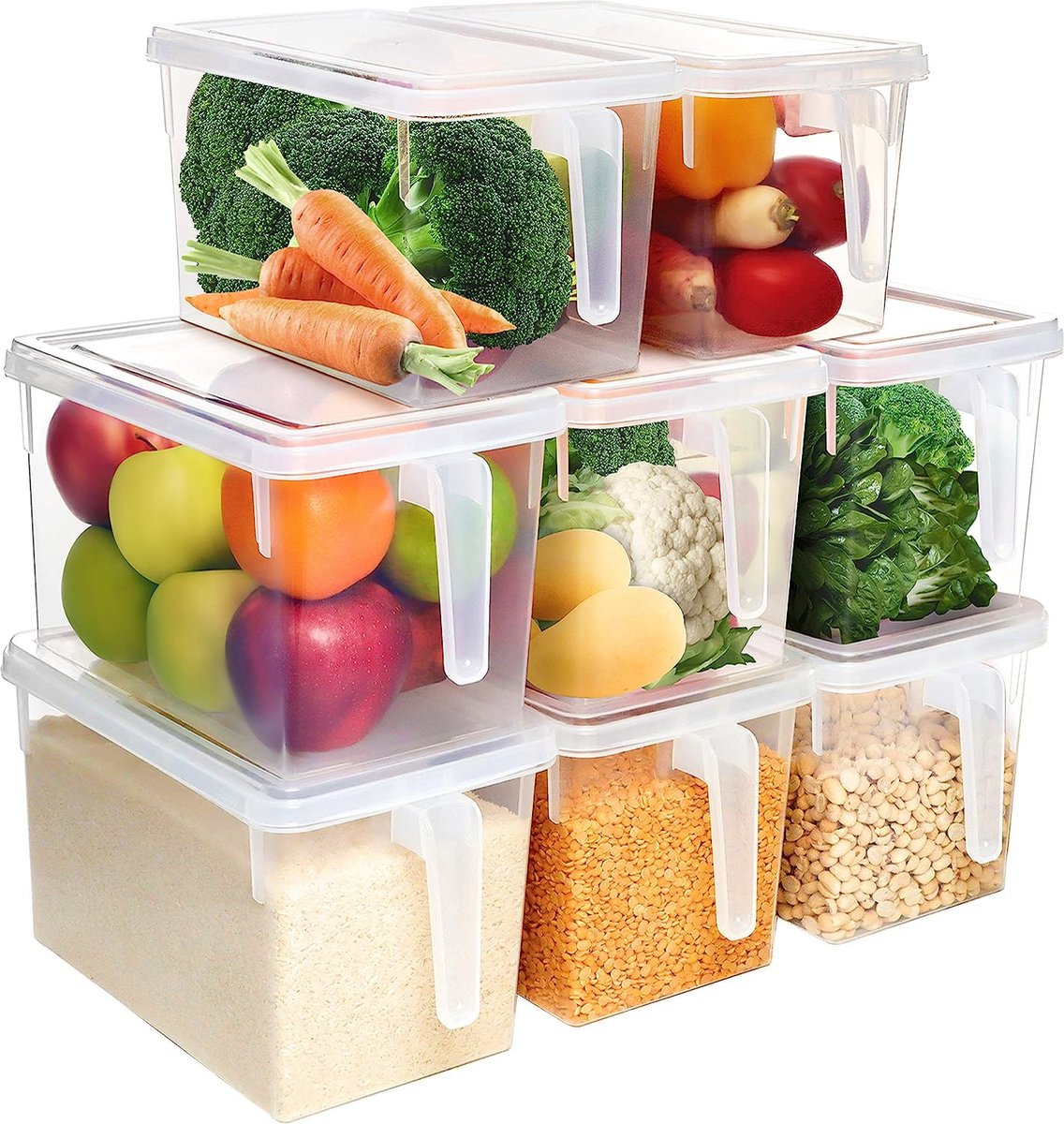 8-delige Keuken Koelkast & Kast Opslag Container set met Handvatten en Deksel – 30,5 cm Totale Lengte – Helder Plastic Koelkast Bakjes Voor Badkamer, Kelder, Lade, Diepvries en Huis